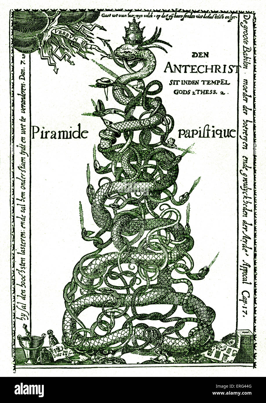 Dutch satirical engraving entitled 'The Papal Pyramid'.  The Papacy is represented as a pyramid of serpents being struck on the Stock Photo