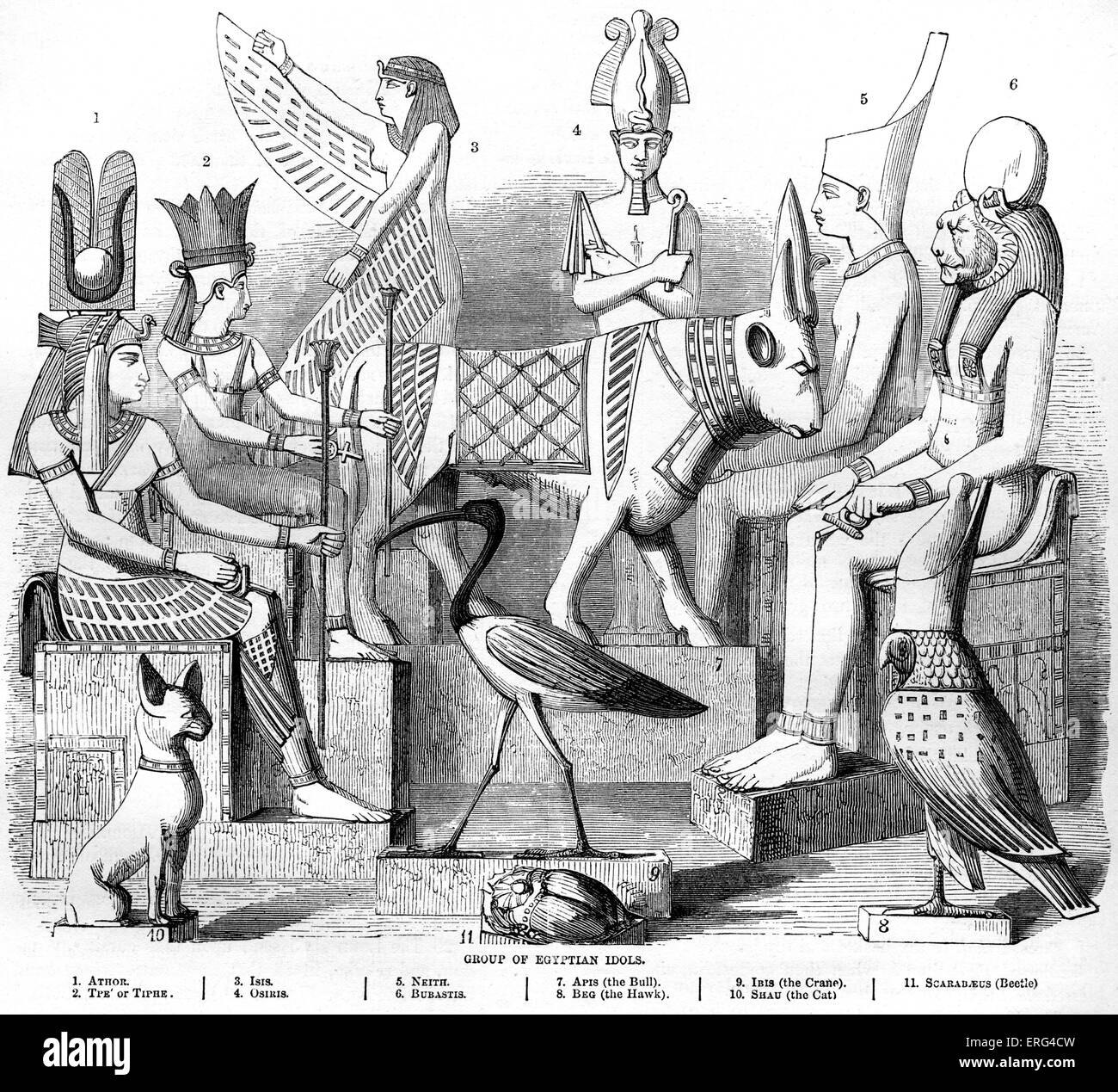 Group of Egyptian idols ( Athor, Tiphe, Isis, Osiris, Neith, Bubastis, Apis - the bull, Beg - the hawk, Ibis - the crane, Shay - the cat, Scarabeus - the beetle) Deuteronomy, chapter XXVII. Stock Photo