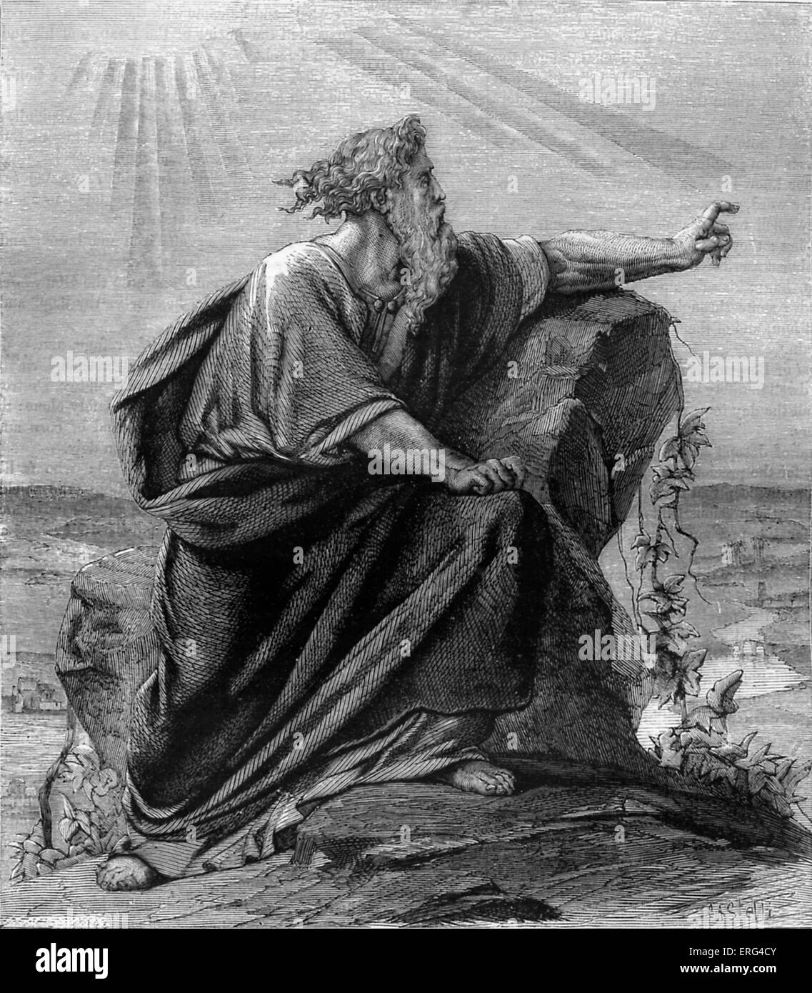 Moses viewing the promised land from Pisgah, mount Nebo. Deuteronomy, chapter XXXIV. Stock Photo