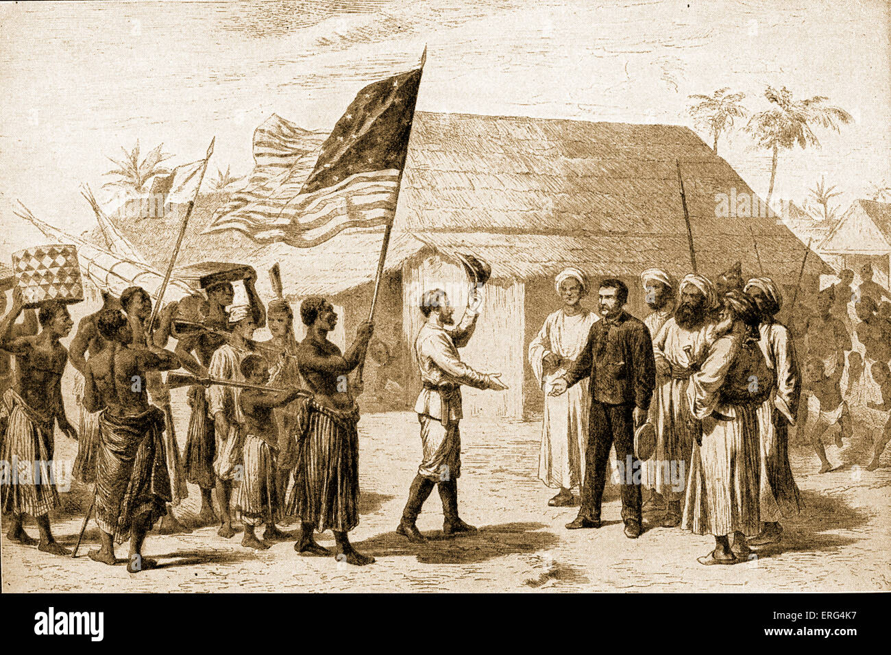 Stanley finding Livingstone in village of Ujiji on the shore of Lake