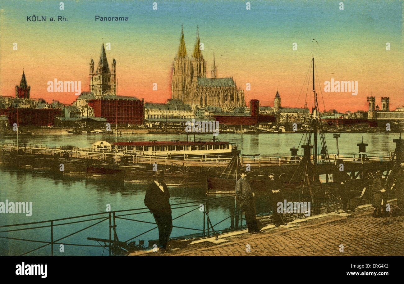 Cologne, Germany, early 20th century. Panorama of the River Rhine with Cologne Cathedral and Great Saint Martin Ghurch. Stock Photo