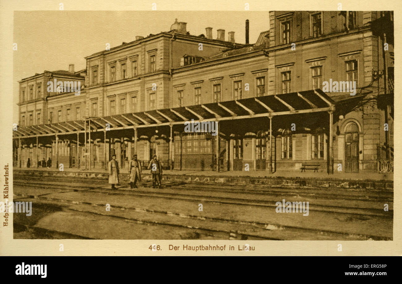 Libau under World War I German Occupation. Taken from photograph, shows the main train station and railway tracks, with three Stock Photo