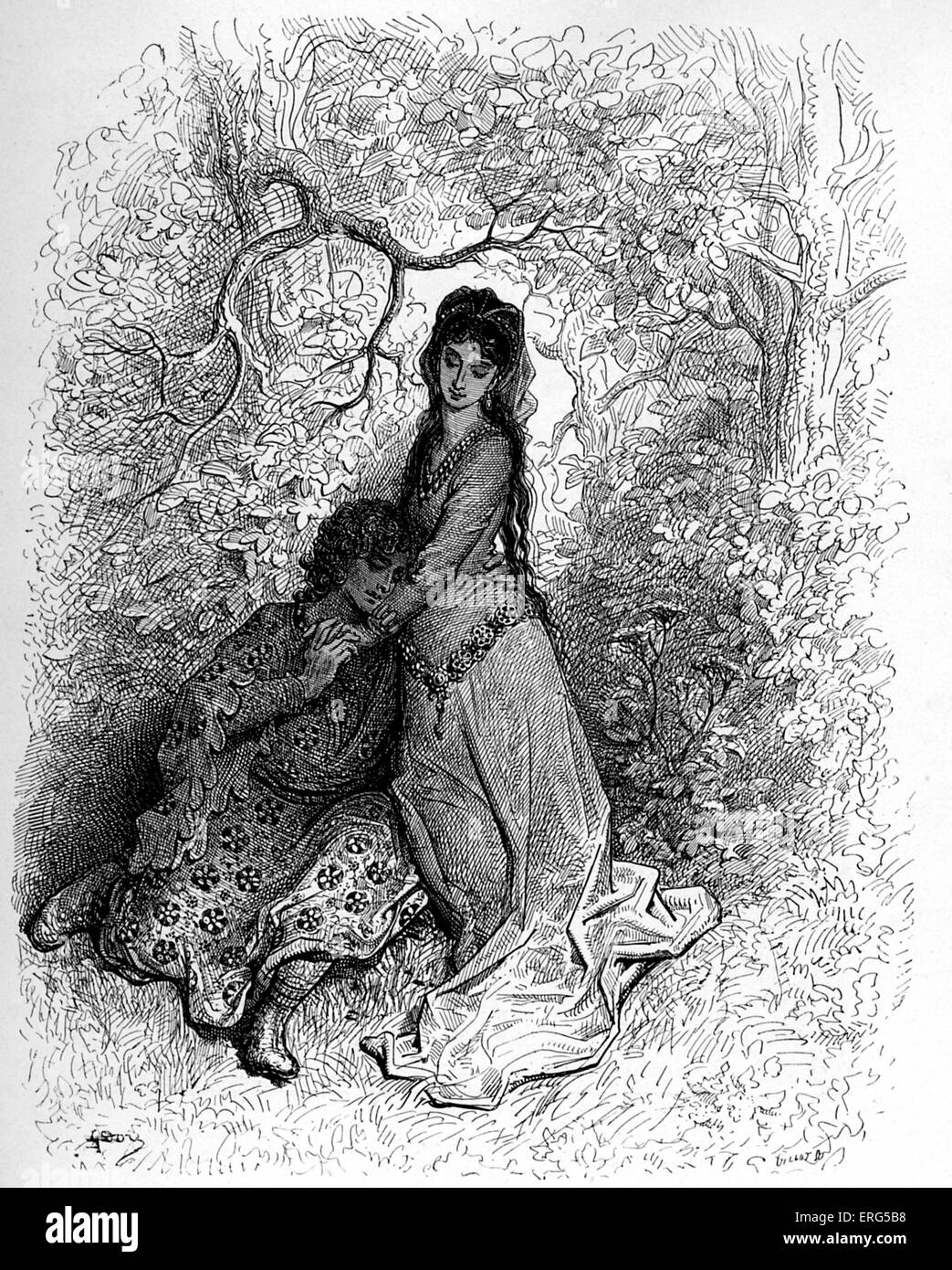 ' Orlando Furioso '  by Ludovico Ariosto,  illustrator Gustave Doré (1832-1883). Rogero is under Alcina's spell. Canto Settimo: Stock Photo