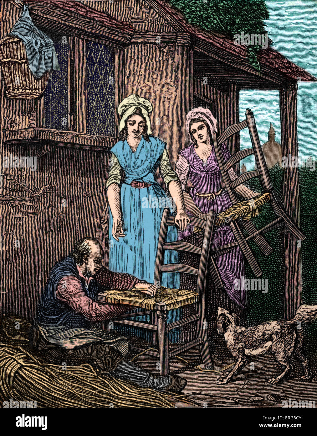 Mending chairs. From Wheatley 'Itinerant Trades of London', 1794-5. Colourised version. Stock Photo