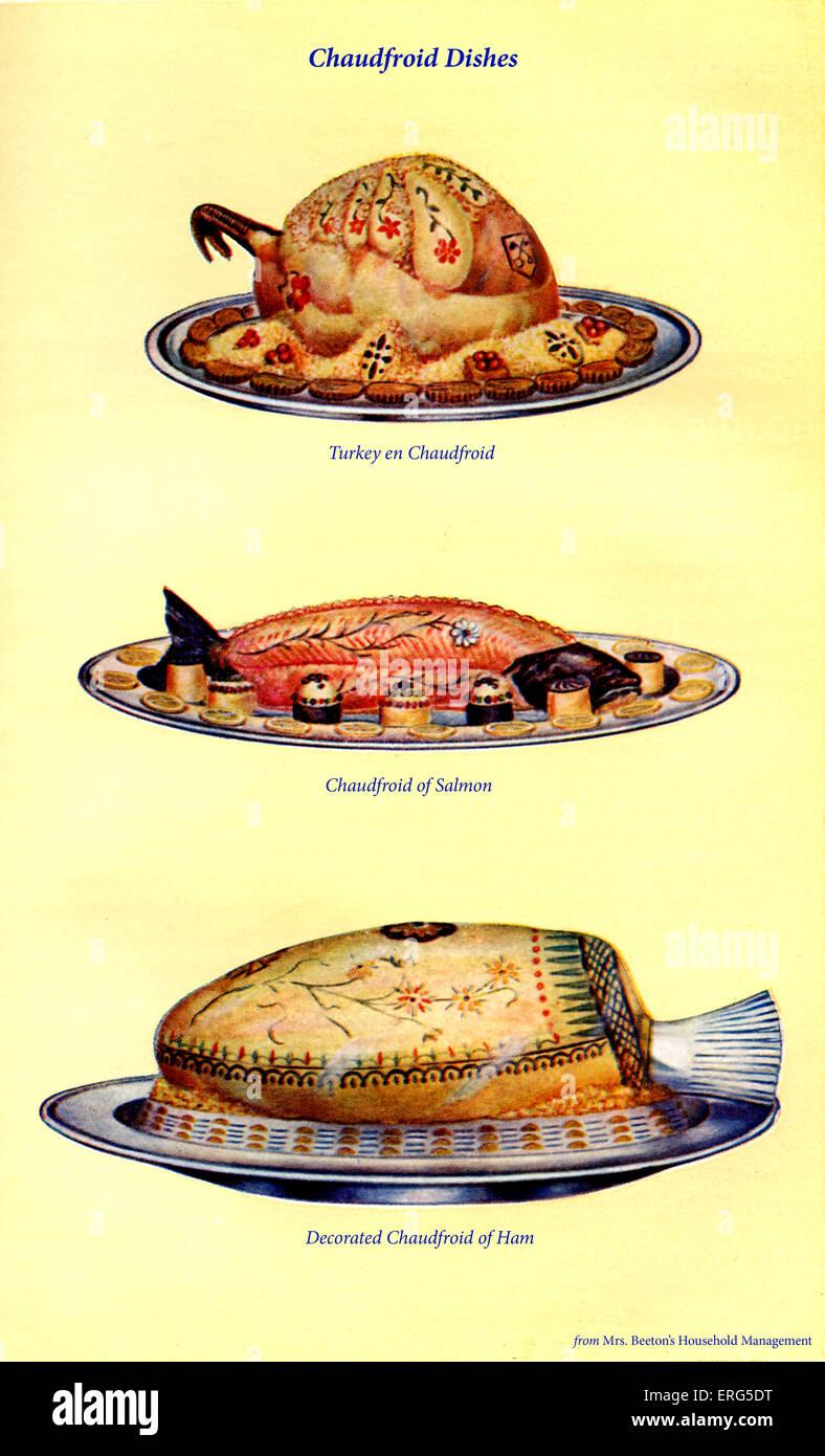 Mrs Beeton 's cookery book  - chaudfroid dishes: Turkey en chaudfroid, Chaudfroid of salmon, Decorated chaudfroid of ham. New Stock Photo