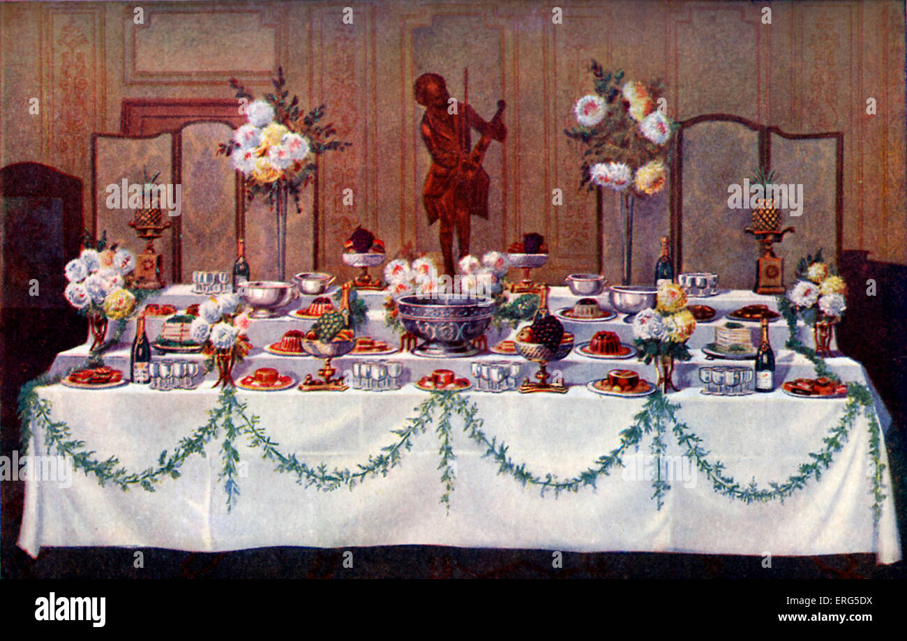 Mrs Beeton 's cookery book  -  supper buffet. Table arrangement suitable for a ball or a reception. New edition of the Stock Photo