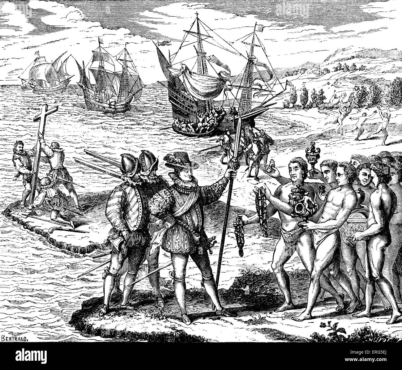 Christopher Columbus setting foot on American soil for the first time being met by the indigenous population (spread of Stock Photo