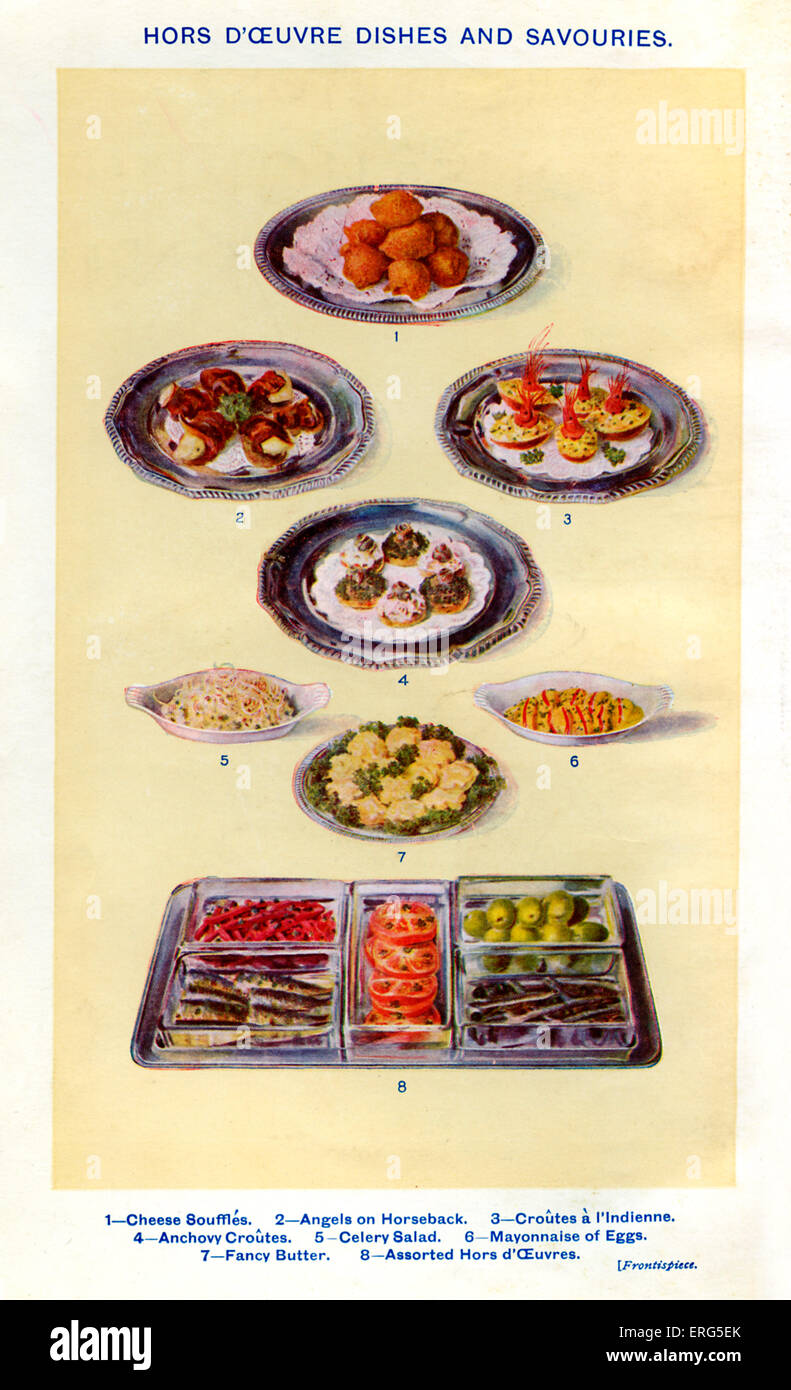Mrs Beeton 's cookery book - hors d ' oeuvre dishes and savouries (from 1 to 8): Cheese souffles, Angels on horseback, Croutes a l 'indienne, Anchovy croutes, Celery salad, Mayonnaise of eggs, Fancy butter, Assorted hors d ' oeuvres. New edition of the cookerybook, first published 1861. Isabella Mary Beeton, English author, 12 March 1836 – 6 February 1865. Stock Photo