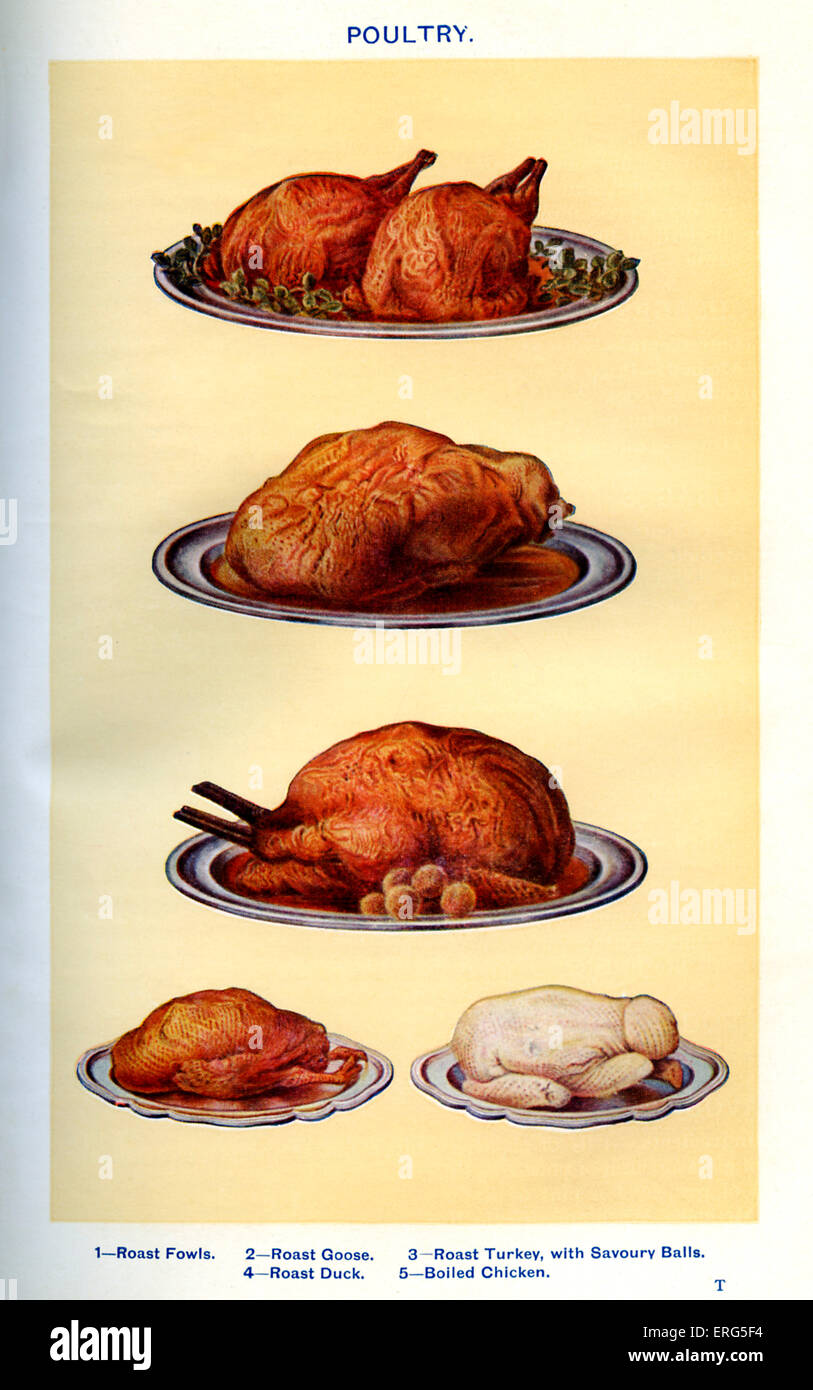 Mrs Beeton 's cookery book  - poultry: Roast fowls, Roast goose, Roast turkey with savoury balls, Roast duck, Boiled chicken. Stock Photo