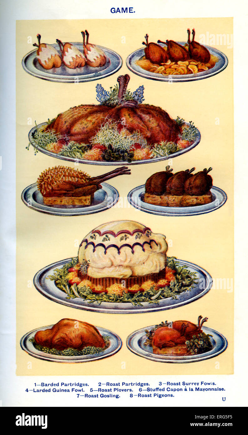 Mrs Beeton 's cookery book  - game dishes: Barded partridges, Roast partridges, Roast surrey fowls, Larded guinea fowl, Roast Stock Photo