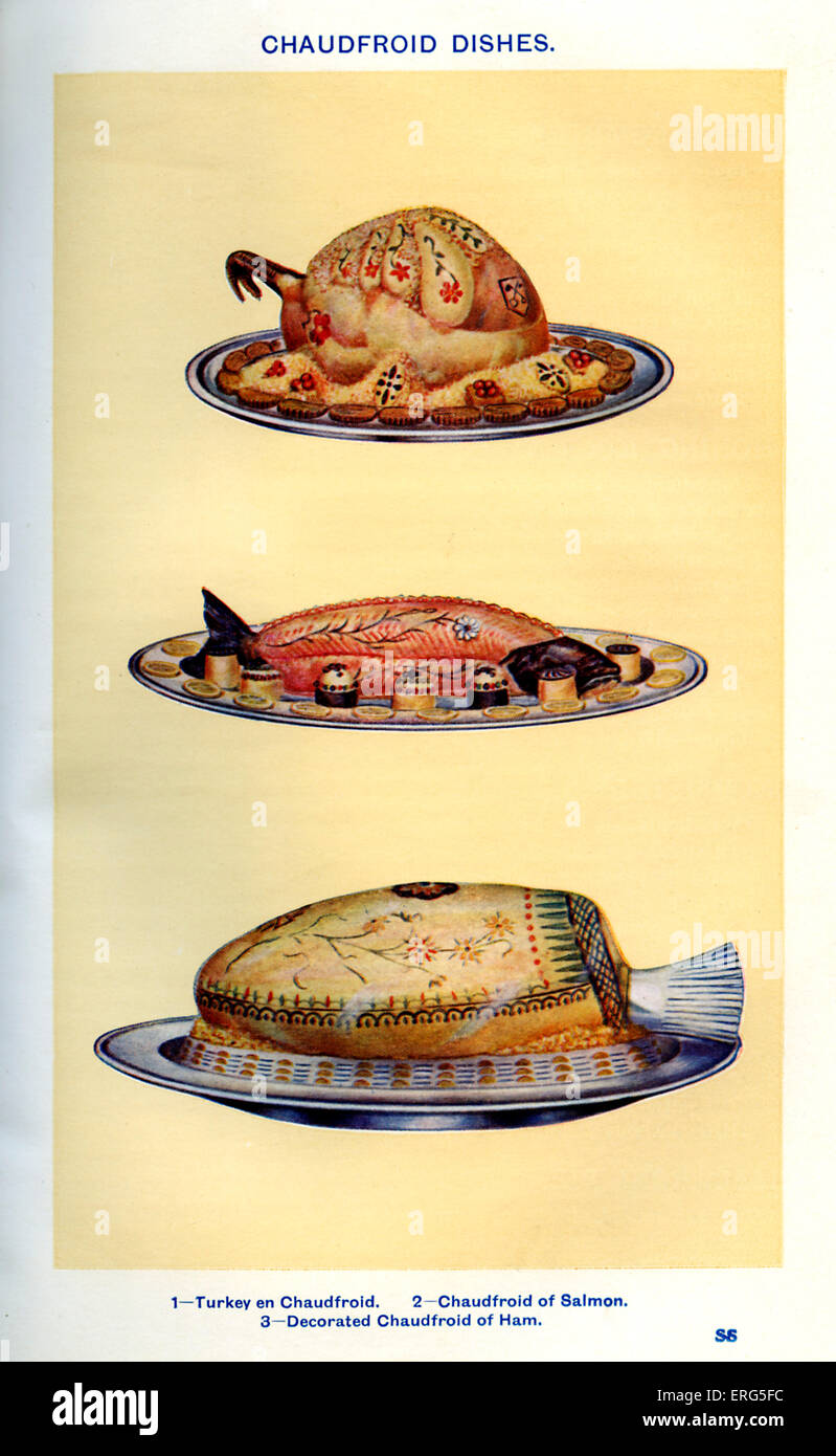 Mrs Beeton 's cookery book  - chaudfroid dishes: Turkey en chaudfroid, Chaudfroid of salmon, Decorated chaudfroid of ham. New Stock Photo