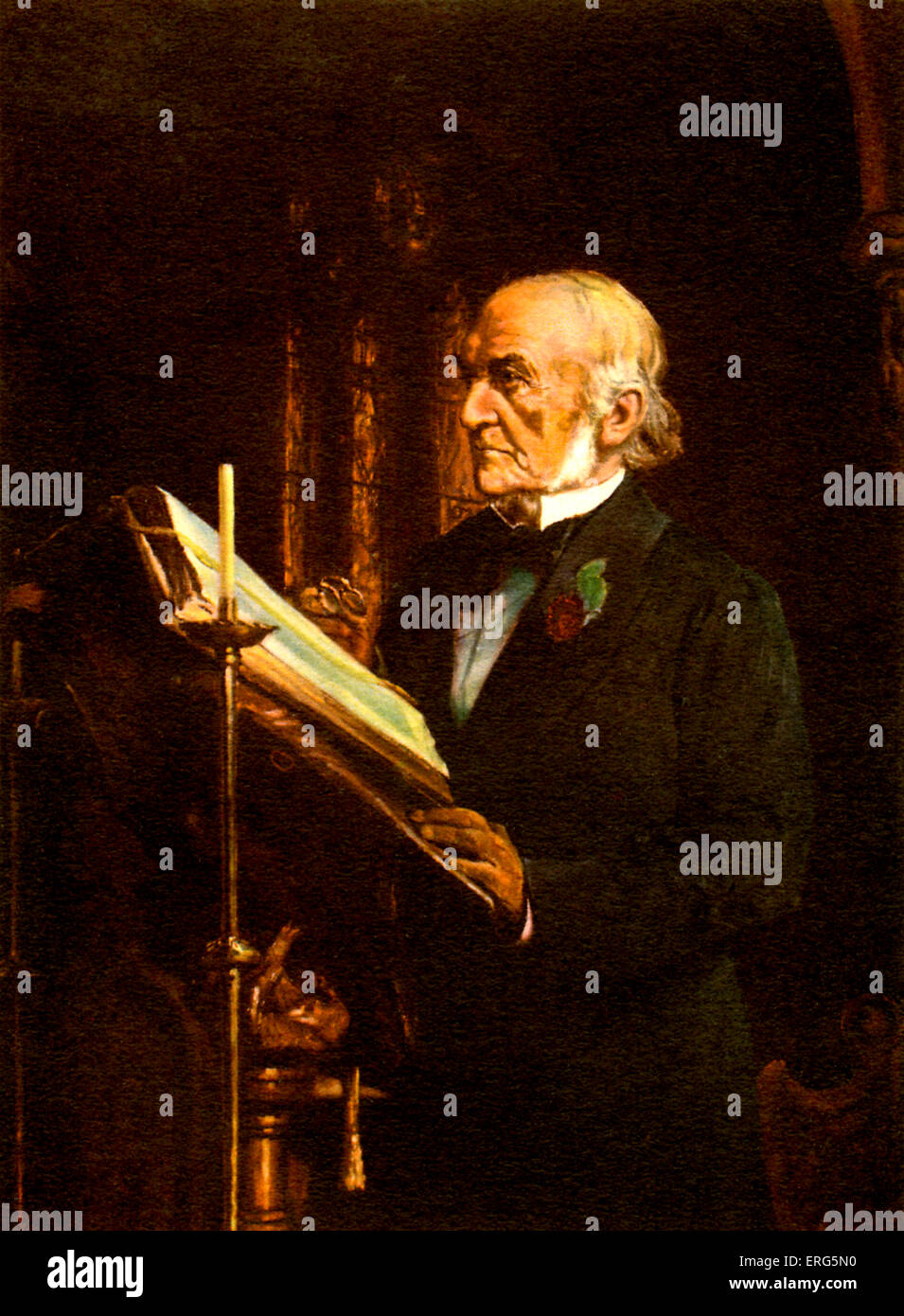 William Ewart Gladstone reading the Lesson in Hawarden Church , British Liberal statesman, served as Prime Minister four times, Stock Photo