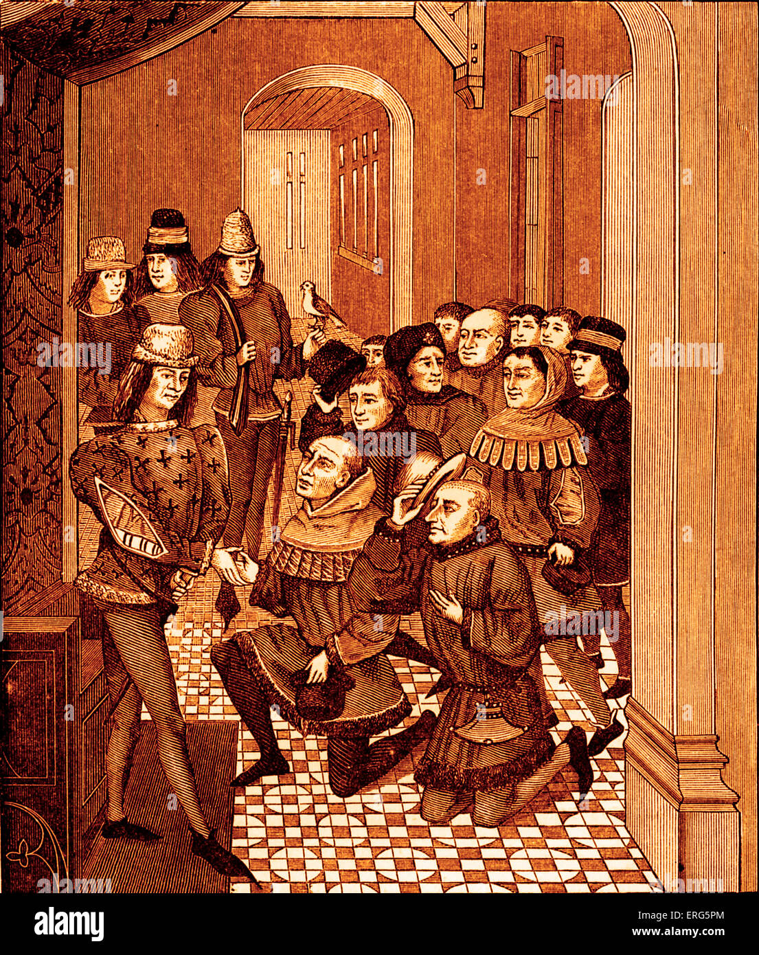 Deputies of the Burghers of Ghent in revolt against their Sovereign, Louis II, Count of Flanders, come to beg him to pardon them and to return to their town, 1397. Miniature from Froissart, No. 2644, National Library of Paris Stock Photo