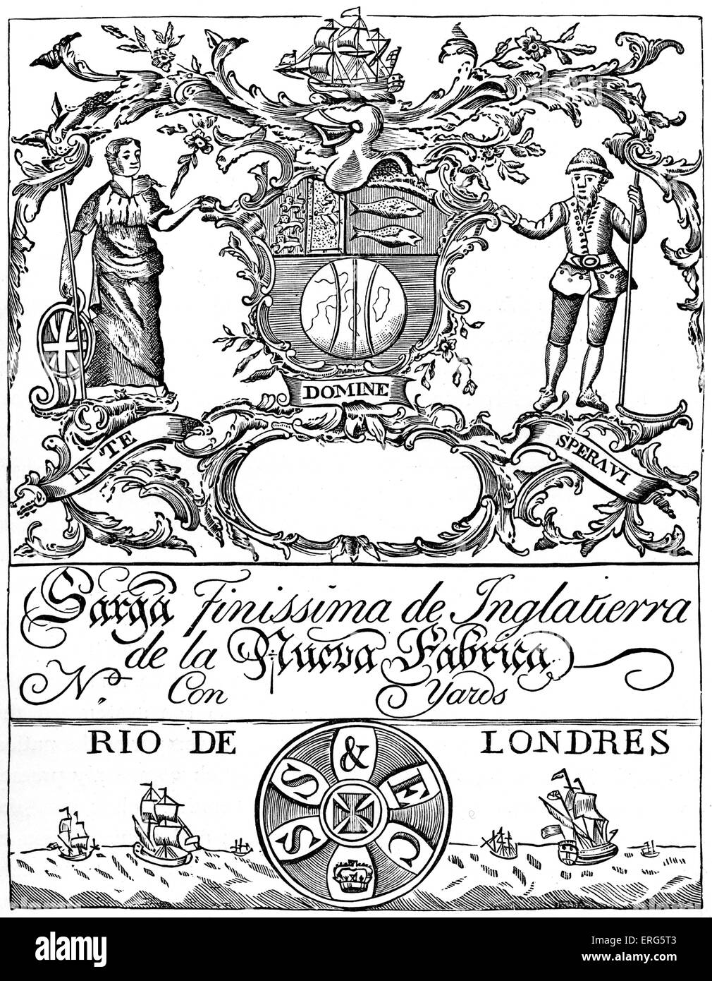 Trade Label of the South Sea Company. British joint stock company, traded in South America during the 18th century. Founded in Stock Photo