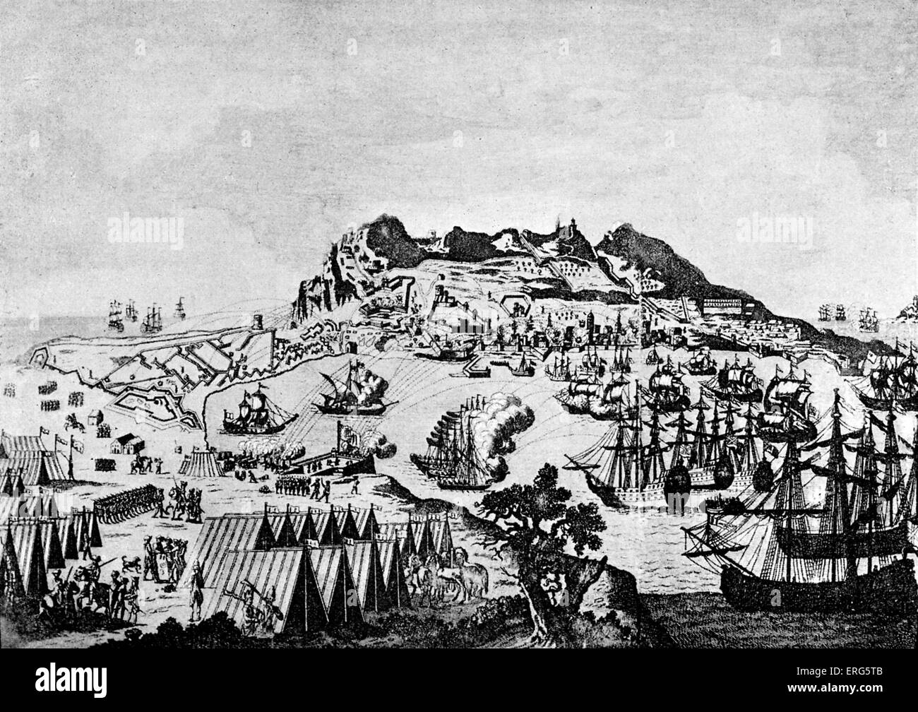 Gibraltar during the American War of Independence. Caption reads: 'A perspective view of Gibraltar, with the disposition of the Spanish attack, and relief of the garrison by the English fleet under the command of Admiral Darby, on the 12th of April, 1781.' On 12 April 1779, France and Spain signed the Treaty of Aranjuez, agreeing to aid one another in recovering lost territory from Britain. 1782, European Magazine. Stock Photo