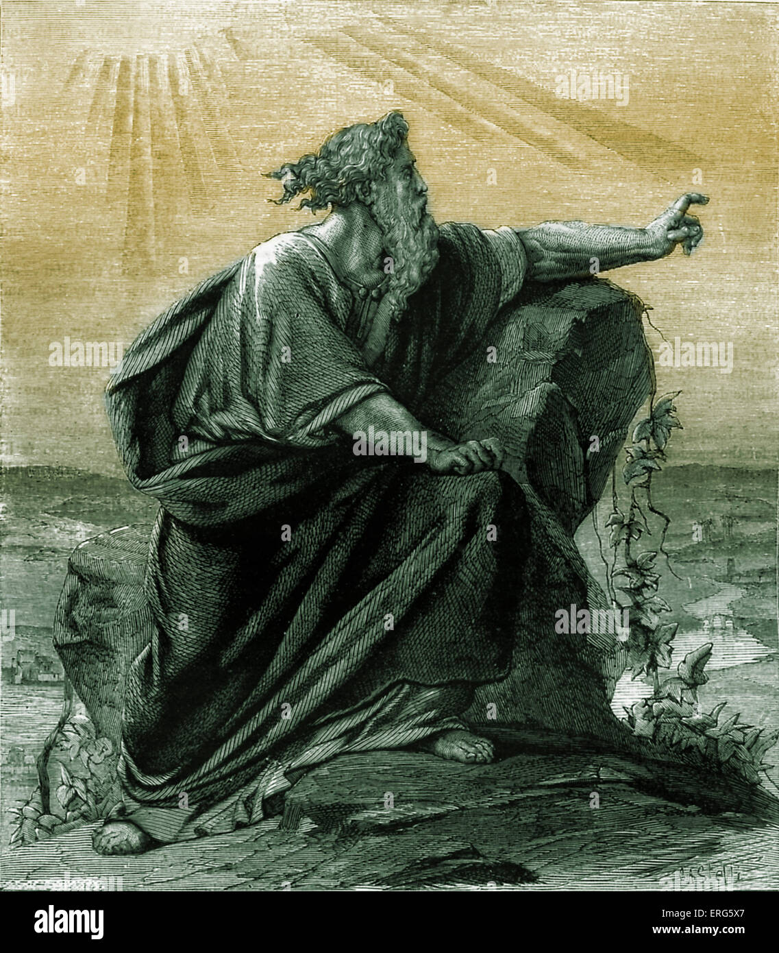 Moses viewing the promised land from Pisgah, mount Nebo. Deuteronomy, chapter XXXIV. Tinted version. Stock Photo