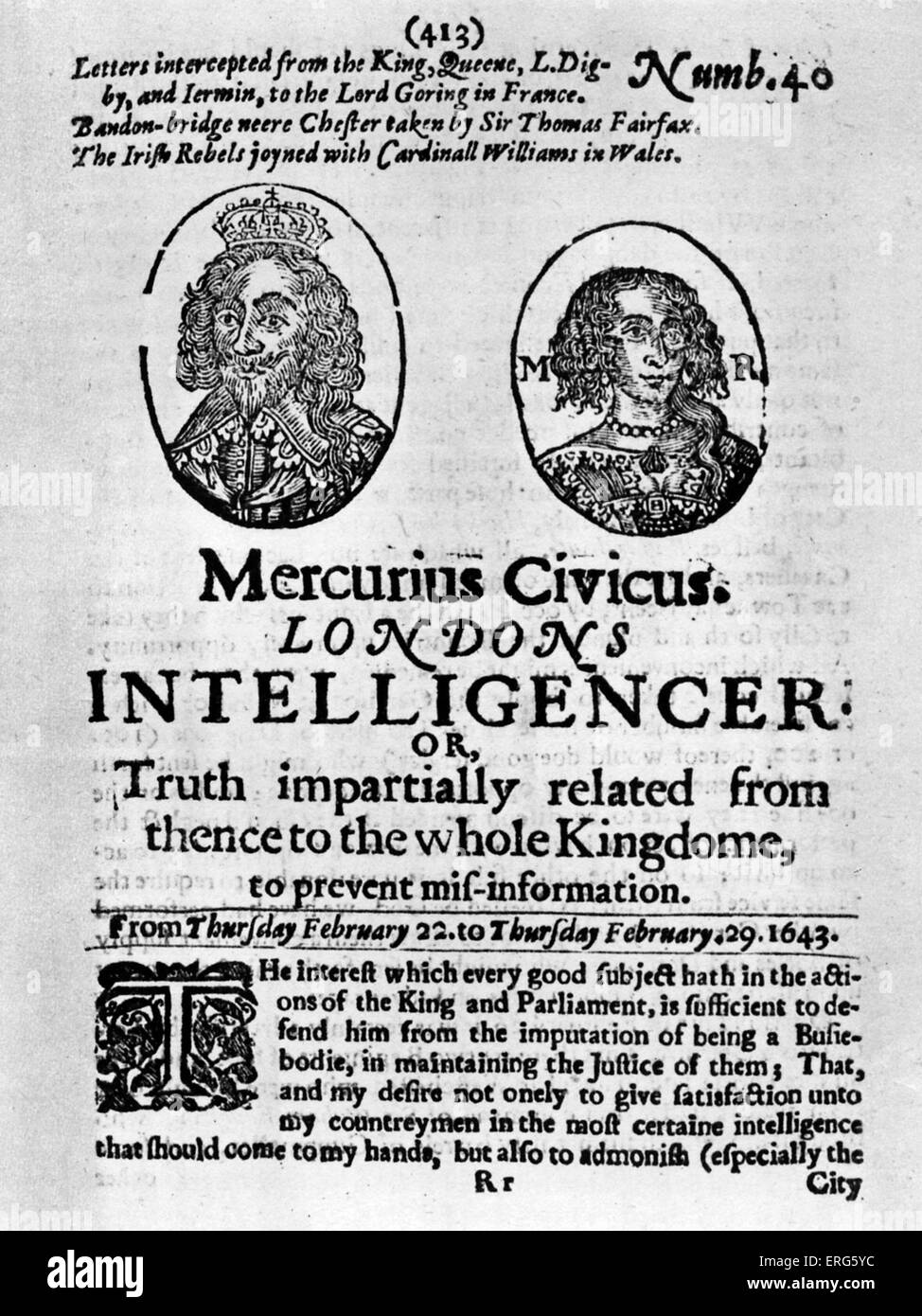 Early newspapers - ' Mercurius Civicus: London 's Intelligencer or Truth impartially related from thence to the whole Kingdome, Stock Photo