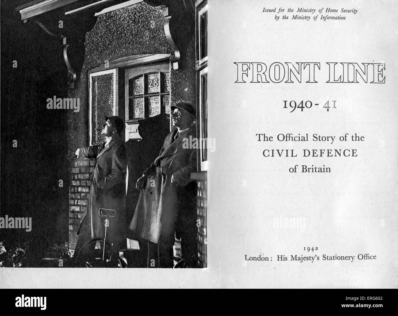 World War 2 information book - title page. Entitled: Front Line 1940- 41, The Official Story of the Civil Defence of Britain. Stock Photo