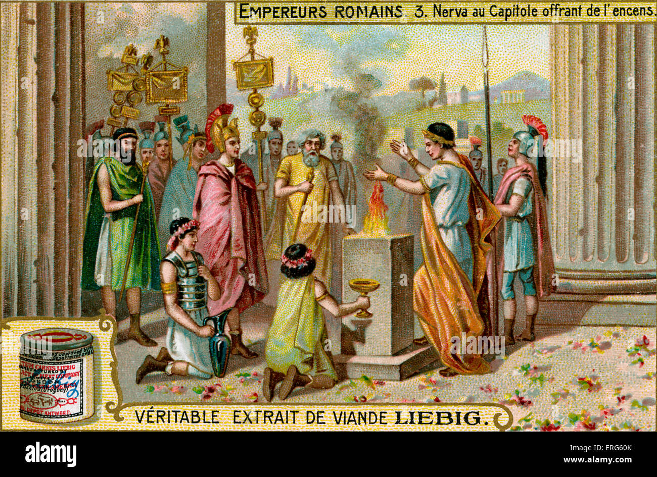 Marcus Cocceius Nerva - Roman Emperor from 96 to 98 A.D. Illustration on Liebig meat extract collectible card, 1907. Vignette Stock Photo