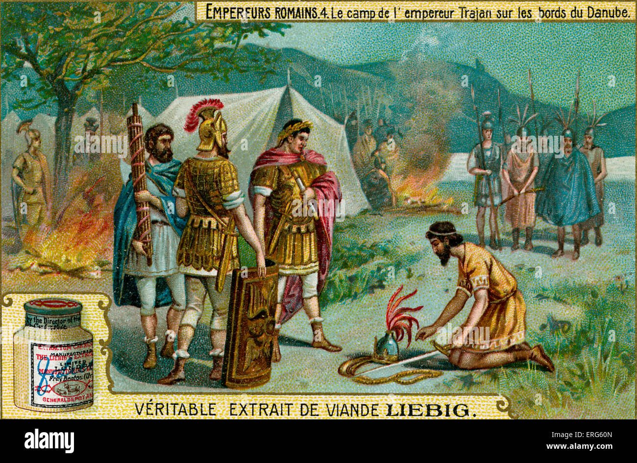 Roman Emperors - Liebig Meat Extract collectible card, 1907. Vignette depicting Trajan in his camp on the banks of the Danube. Stock Photo