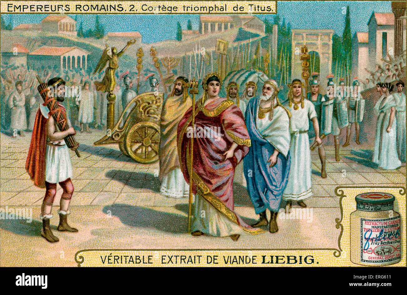 Roman Emperors - Liebig Meat Extract collectible card, 1907. Vignette depicting Titus. Roman Emperor, (Titus Flavius Stock Photo