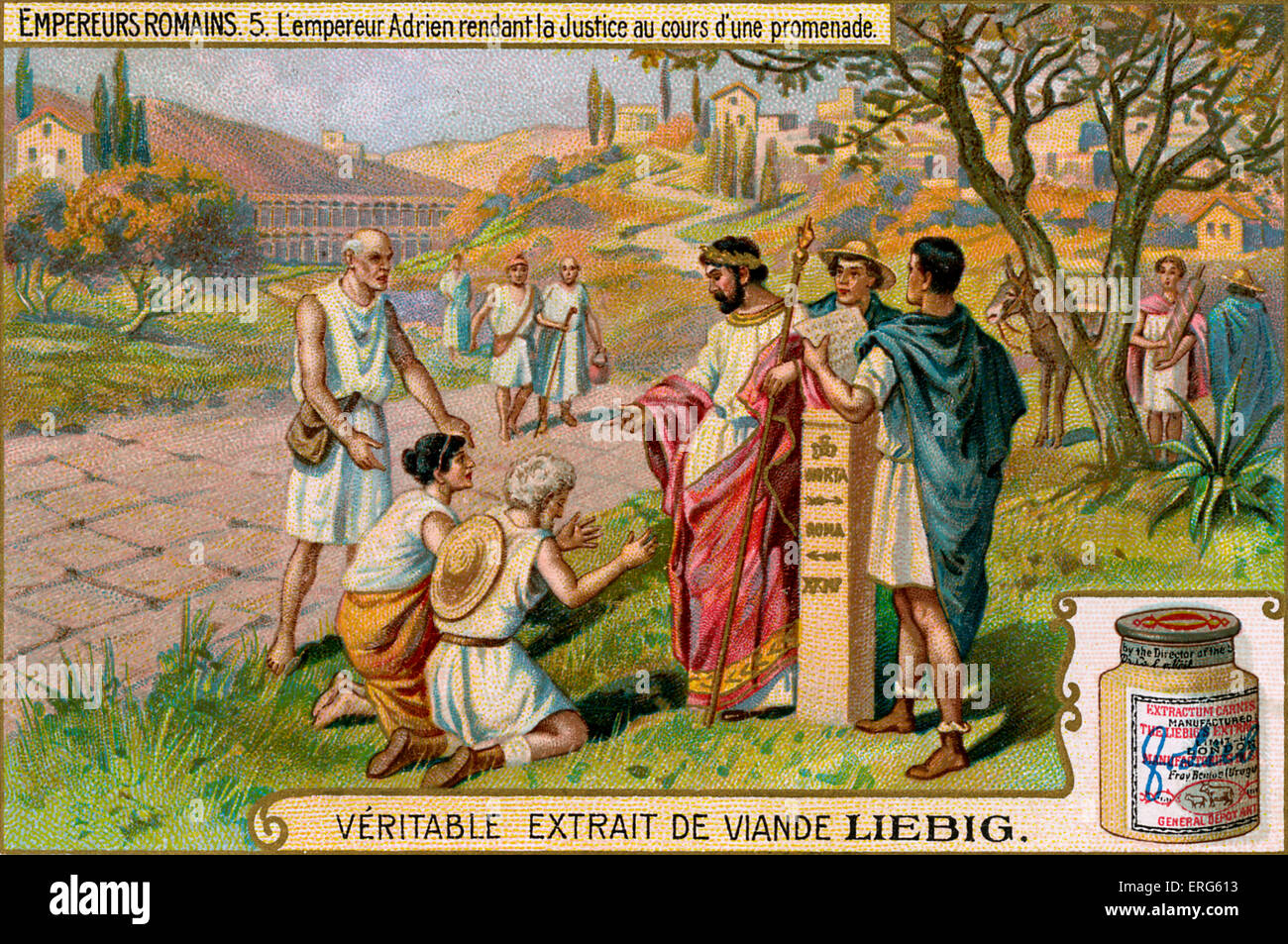 Roman Emperors - Liebig Meat Extract collectible card, 1907. Vignette depicting Hadrian. Caption reads: 'L'empereur Adrien Stock Photo