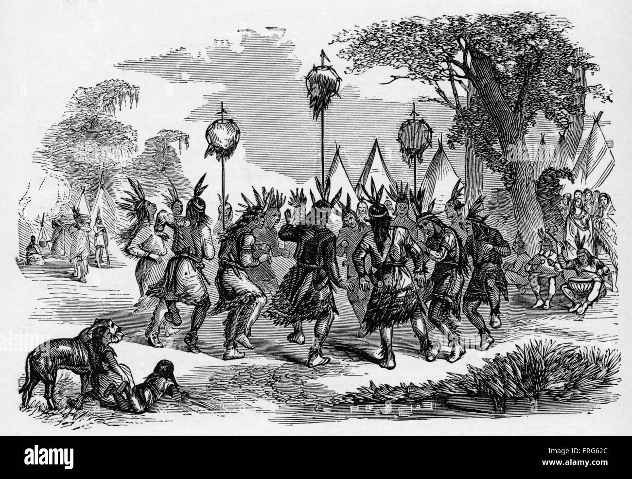 Native Americans performing a Scalp Dance, published in 1887. The Scalp Dance was performed by warriors of tribes such as the Stock Photo