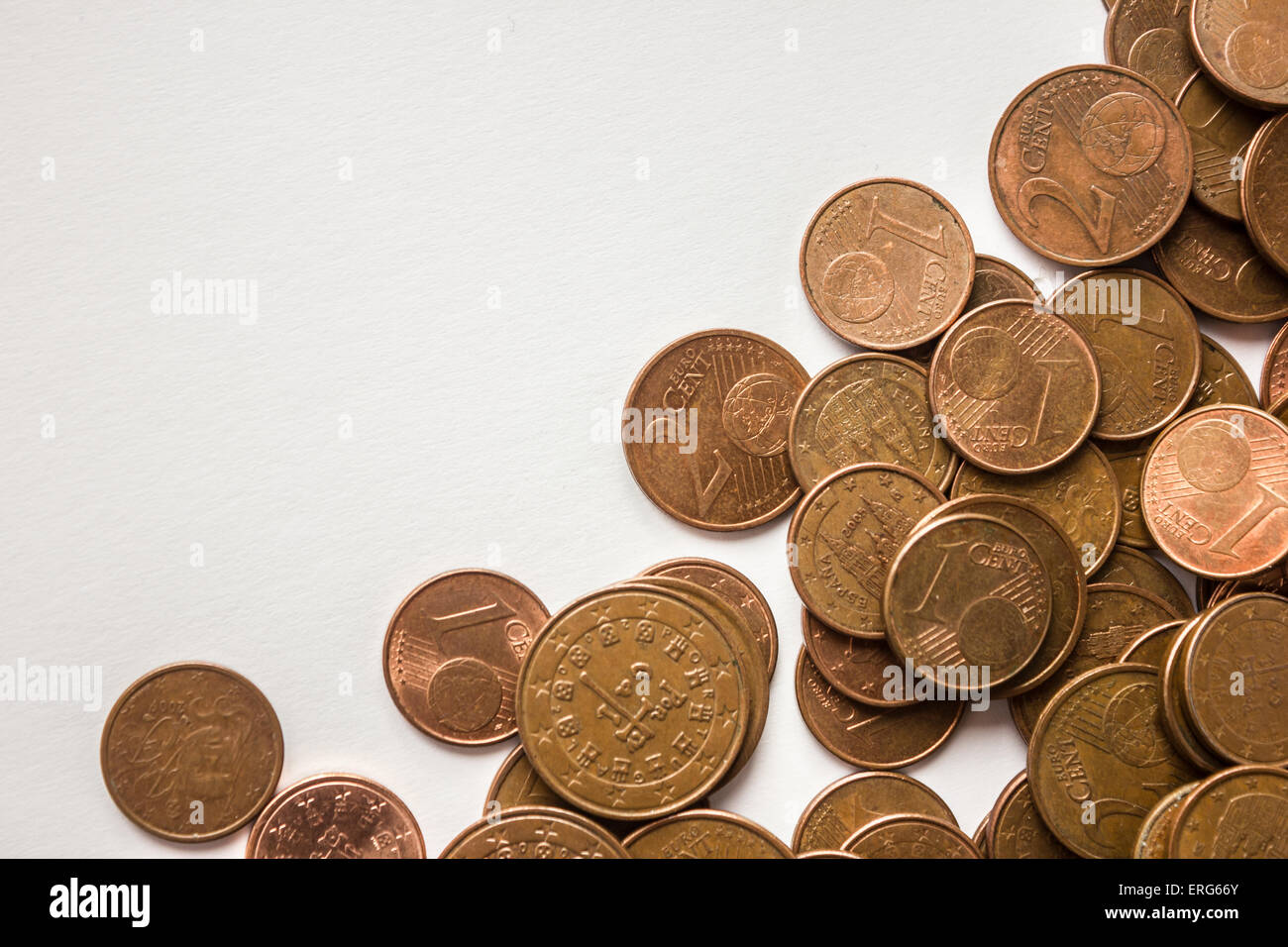 Pile of european coins with one, two and five cents of euro Stock Photo