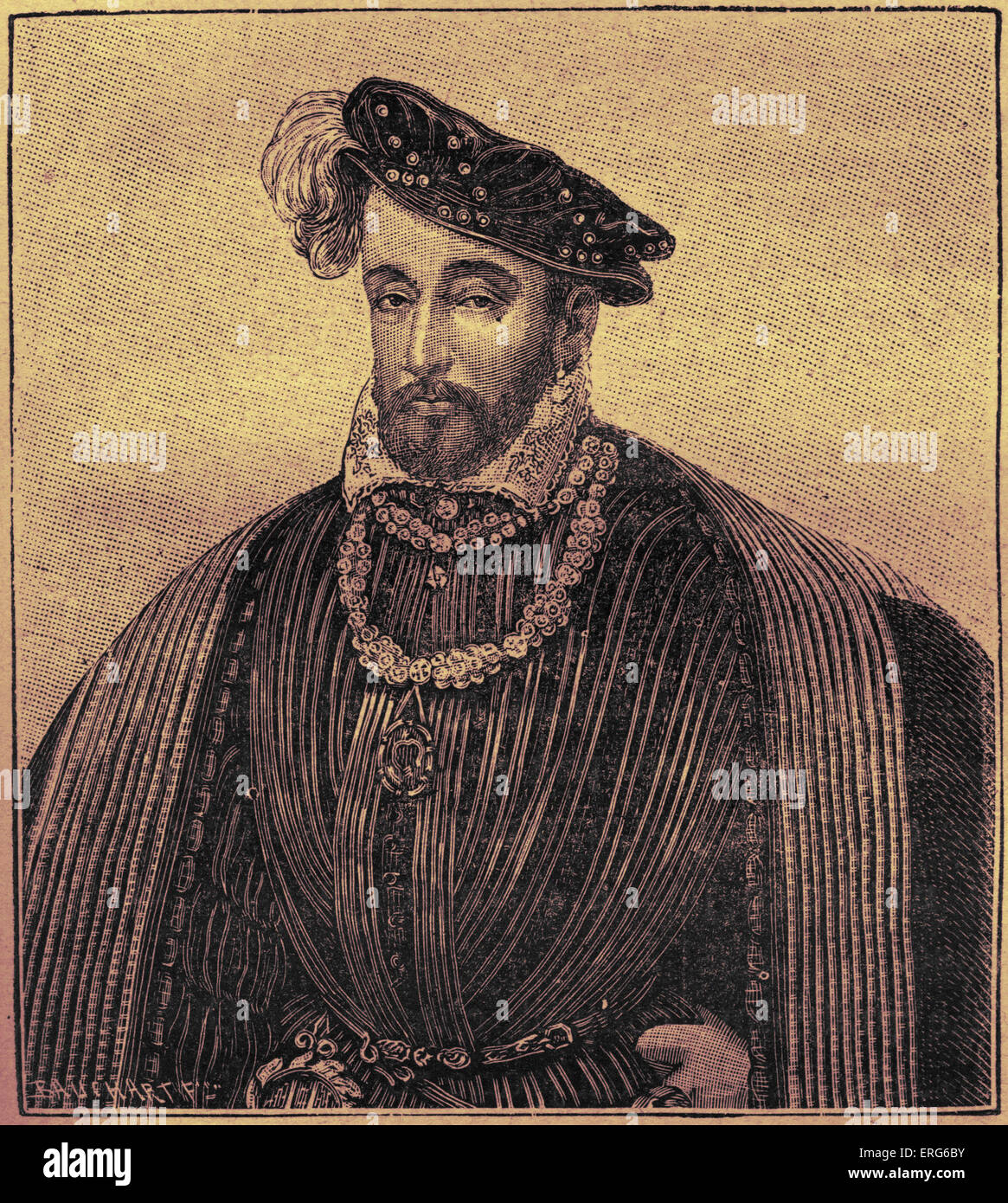 Henry II  -  King of France, portrait engraving. French nobleman 31 March 1519 - 10 July 1559.  Patron of arts - including Stock Photo