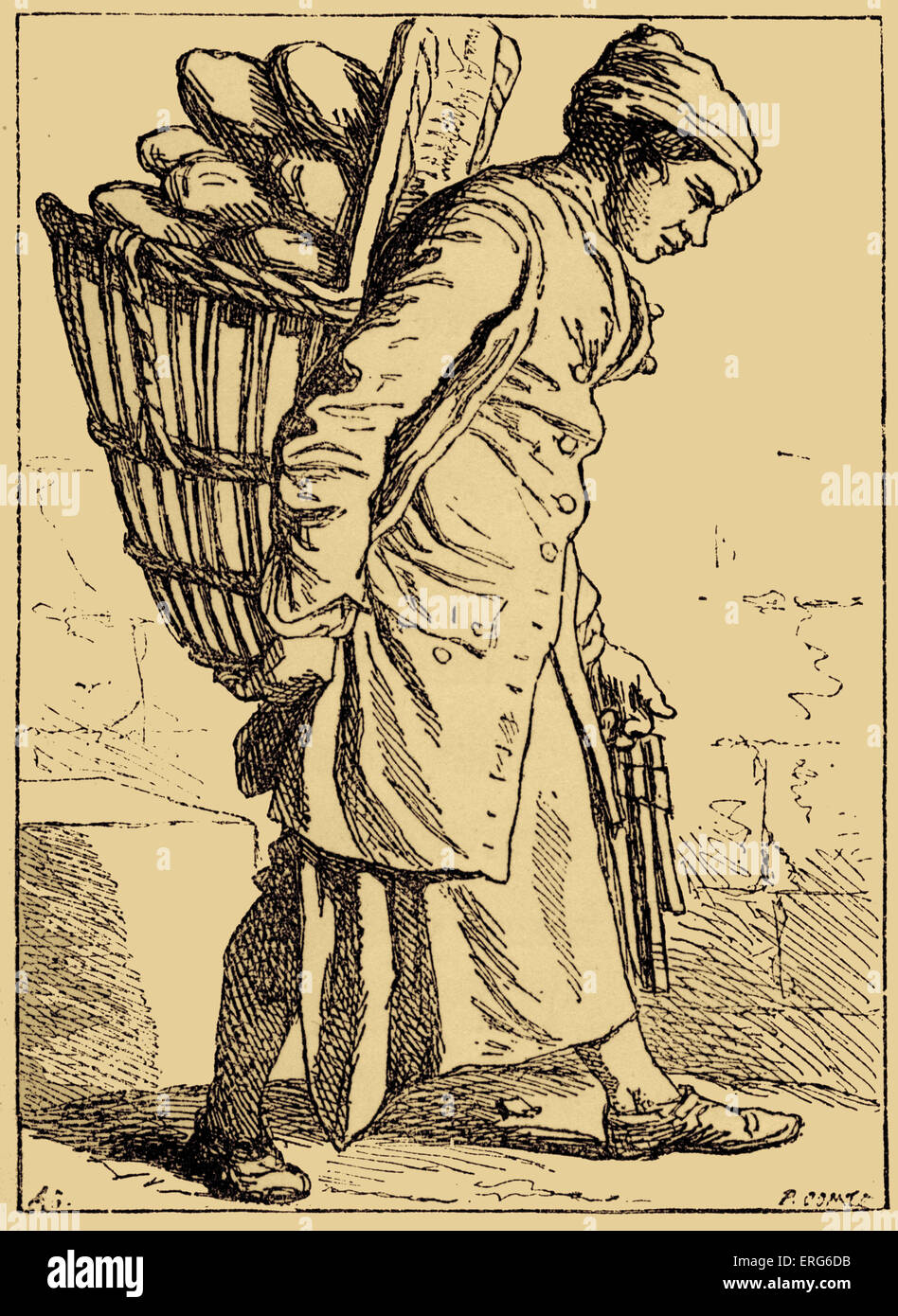 Daily life in French history baker delivering bread. Costume, fashion. Working class, poor