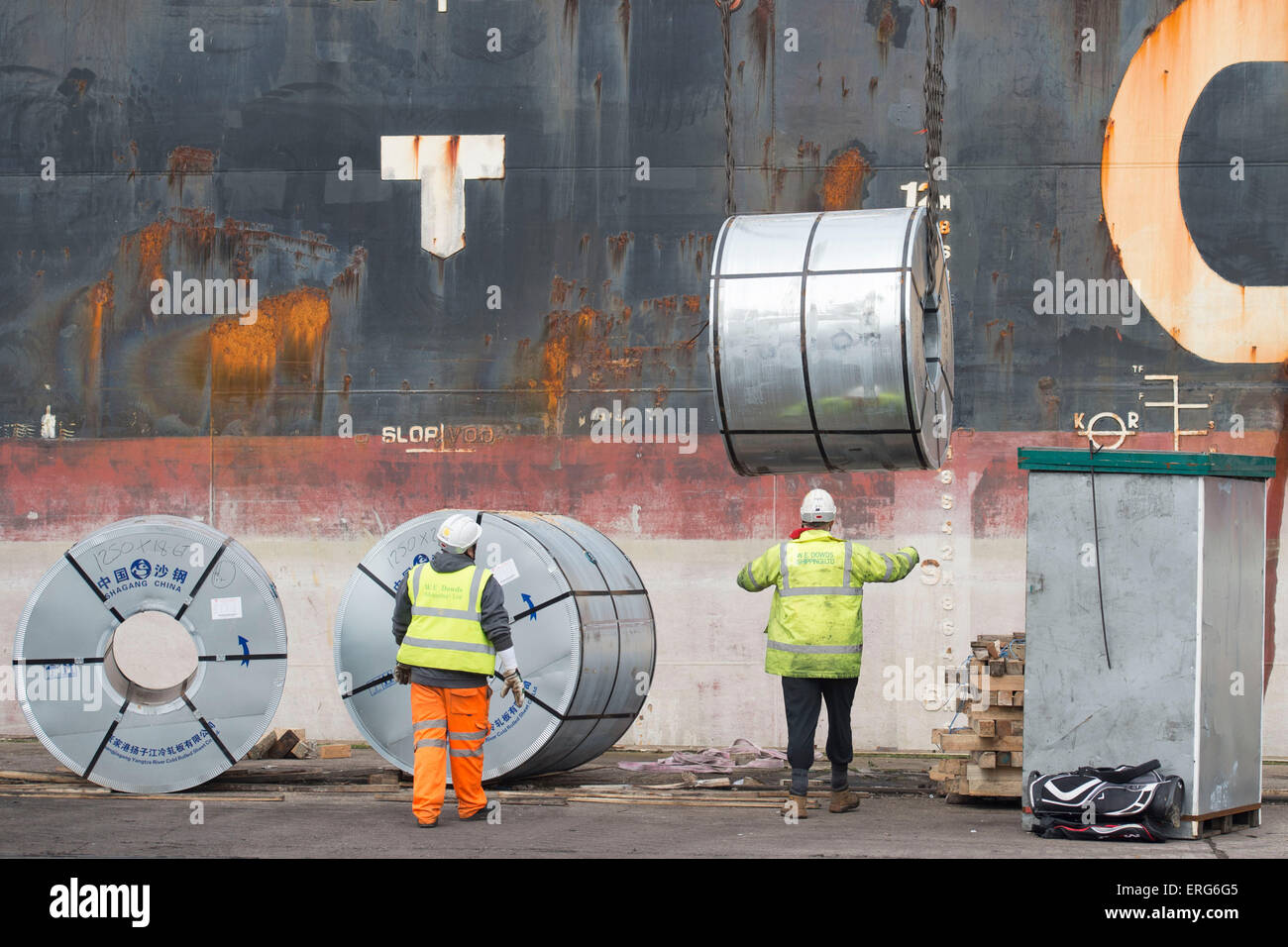 Rolls of industrial steel for shipping at a shipyard in Newport, South Wales. Stock Photo