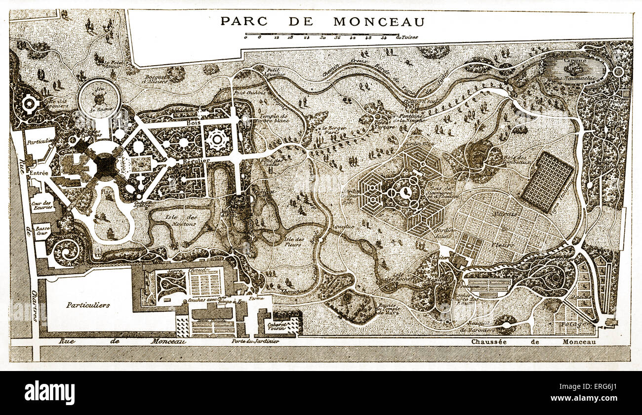 Map of the Parc de Monceau, 1718, France, during reign of Louis XV. 18th century fashion, gardens, architecture, park. Stock Photo