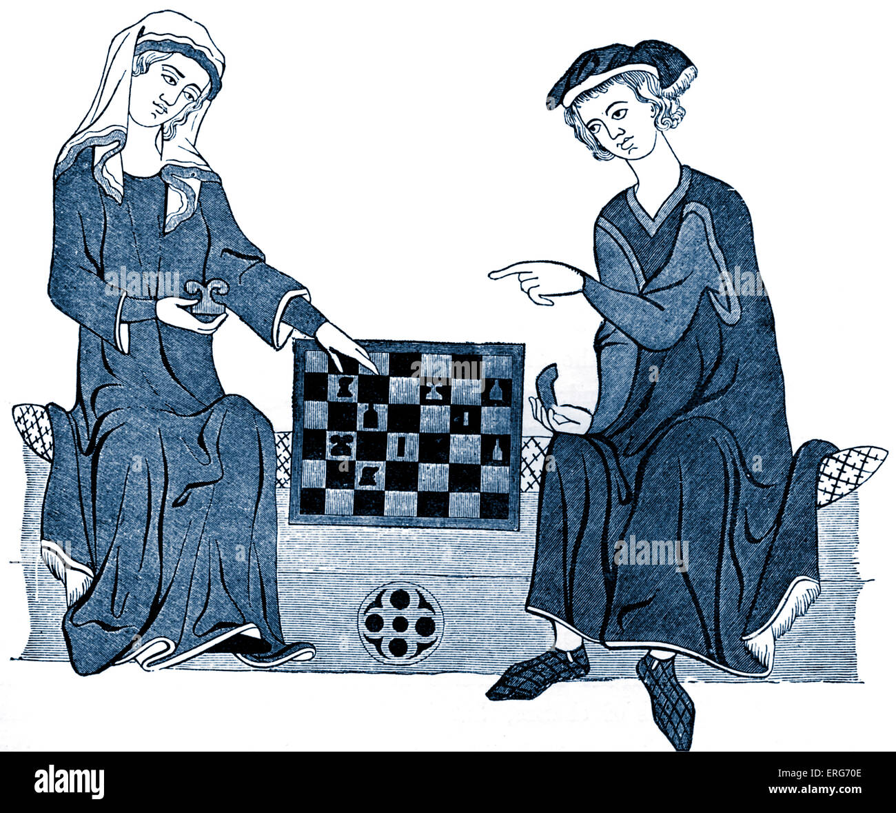 Chess players, reproduced from a thirteenth century miniature. Stock Photo