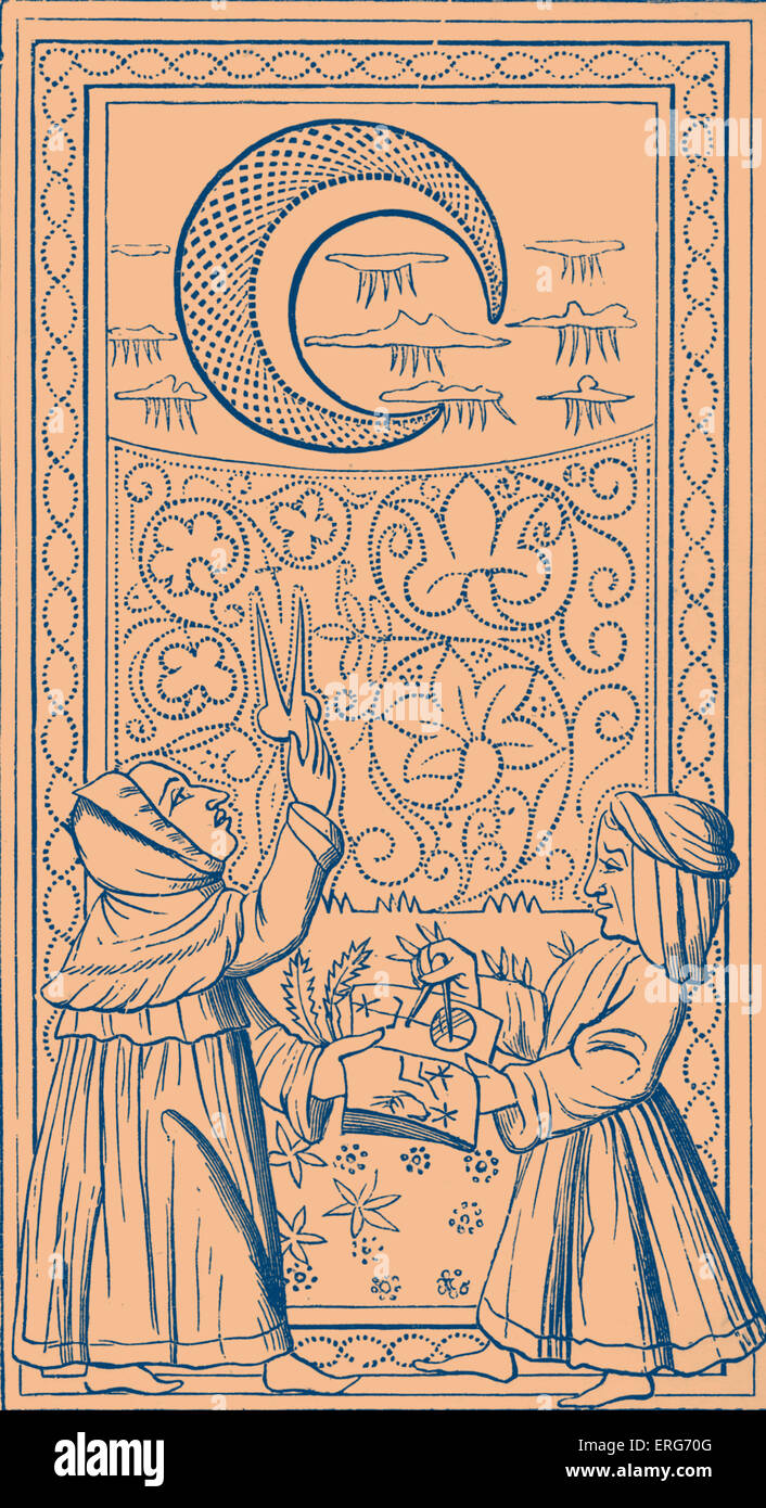 The Moon tarot card, reproduced from a deck said to have belonged to Charles  VI, King of France. It is the eighteenth trump card in most traditional  tarot card decks, and symbolises