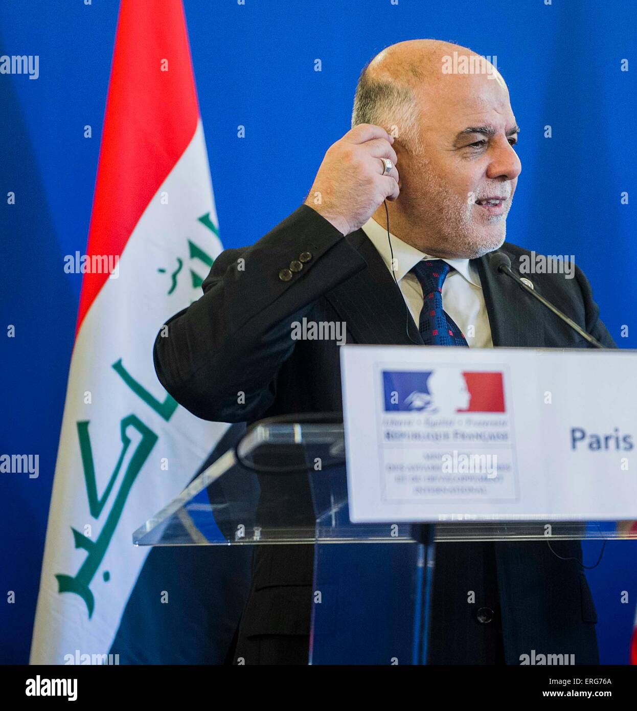 Paris, France. 2nd June, 2015. Iraqi Prime Minister Haider al-Abadi attends a joint press meeting with French Foreign Minister Laurent Fabius and U.S. Deputy Secretary of State Antony Blinken (not seen in picture) in Paris, France, June 2, 2015. French Foreign Minister Laurent Fabius said on Tuesday the fight against Islamic State (IS) militants in Iraq would be longer than anticipated, reiterating the coalition countries' determination to eradicate the Islamist threat in the region. © Chen Xiaowei/Xinhua/Alamy Live News Stock Photo