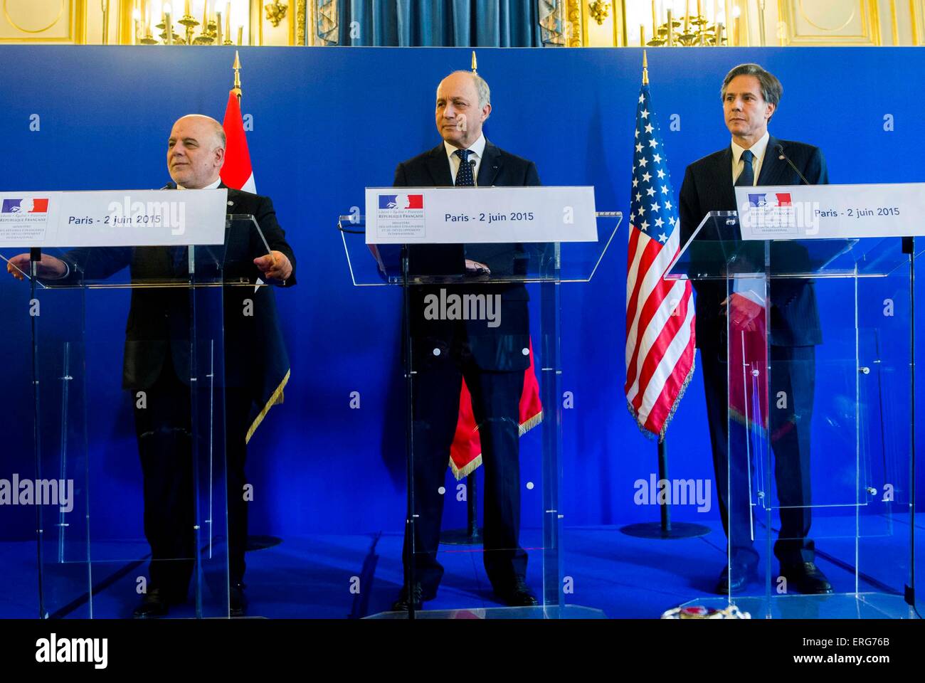 Paris, France. 2nd June, 2015. French Foreign Minister Laurent Fabius (C) attends a joint press meeting with Iraqi Prime Minister Haider al-Abadi (L) and U.S. Deputy Secretary of State Antony Blinken in Paris, France, June 2, 2015. French Foreign Minister Laurent Fabius said on Tuesday the fight against Islamic State (IS) militants in Iraq would be longer than anticipated, reiterating the coalition countries' determination to eradicate the Islamist threat in the region. © Chen Xiaowei/Xinhua/Alamy Live News Stock Photo