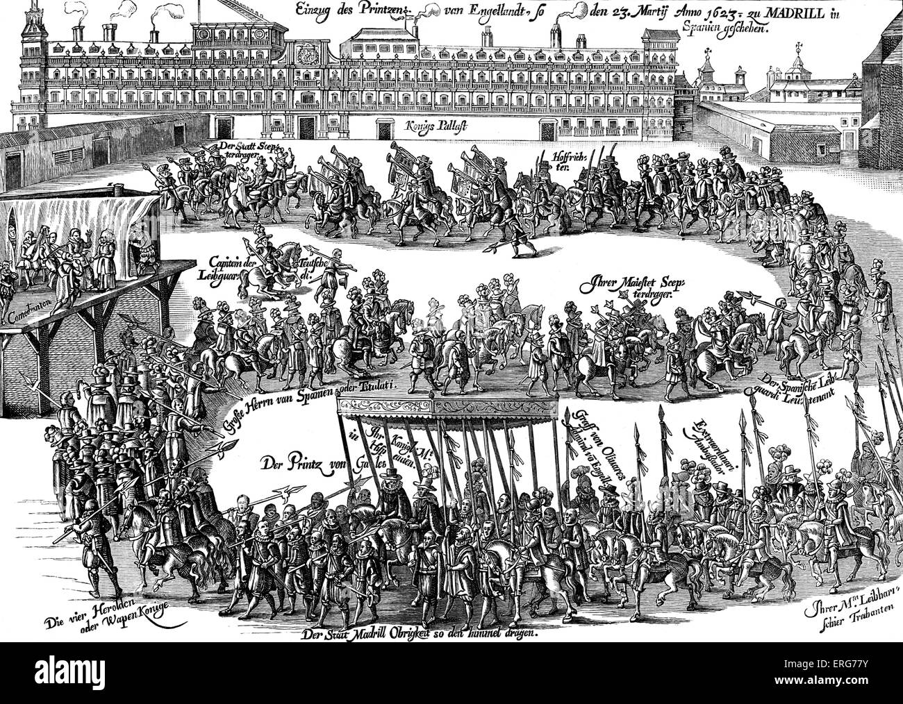 Entry of Prince Charles into Madrid, 1623, taken from a 19th century German print. Charles, Prince of Wales, later Charles I, Stock Photo