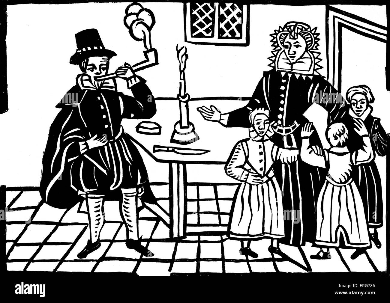 A family group of the time of James I, taken from a ballad in the Roxburghe Collection in the British Library. The Roxburghe Stock Photo