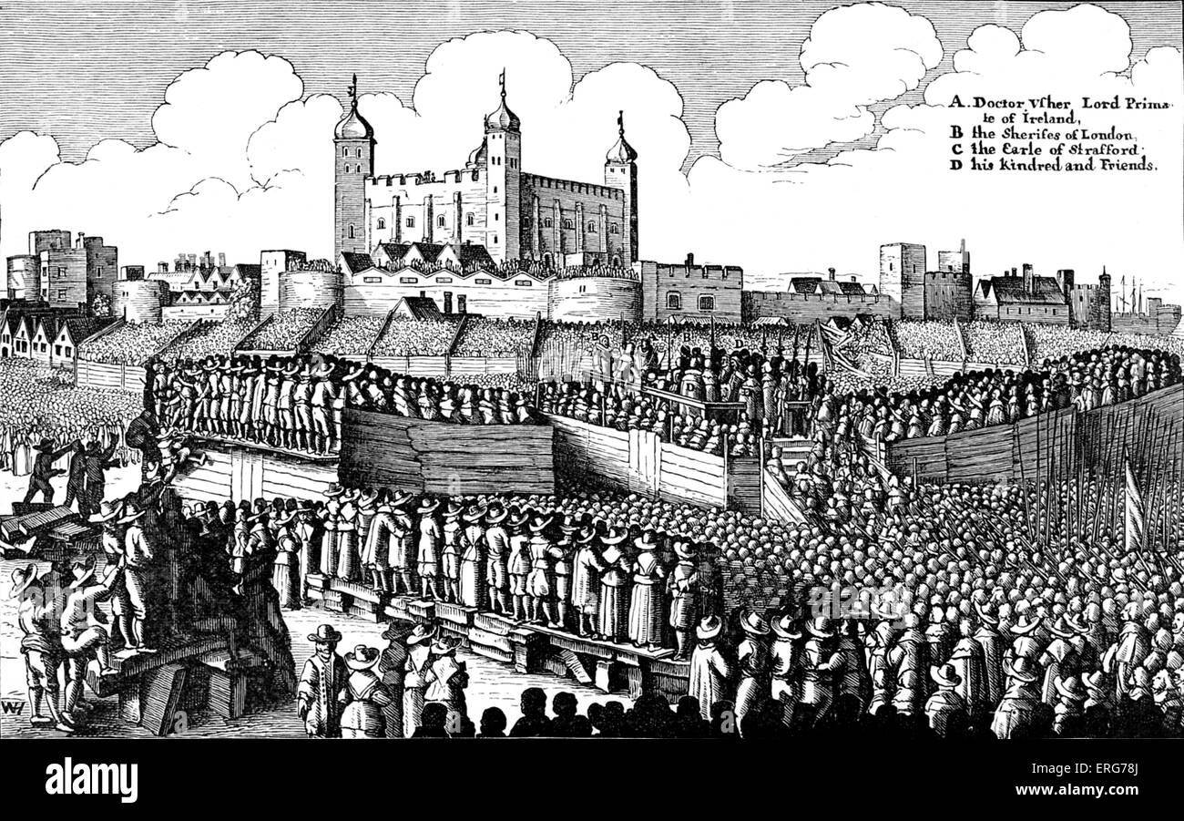 Execution of Strafford, after the original by Václav Hollar. Thomas Wentworth, 1st Earl of Strafford, was executed on Tower Hill on 12 May 1641, following the passing of a Bill of Attainder by Parliament, which was reluctantly agreed to by Charles I. VH:Bohemian etcher, 13 July, 1607 - 25, March 1677. Stock Photo