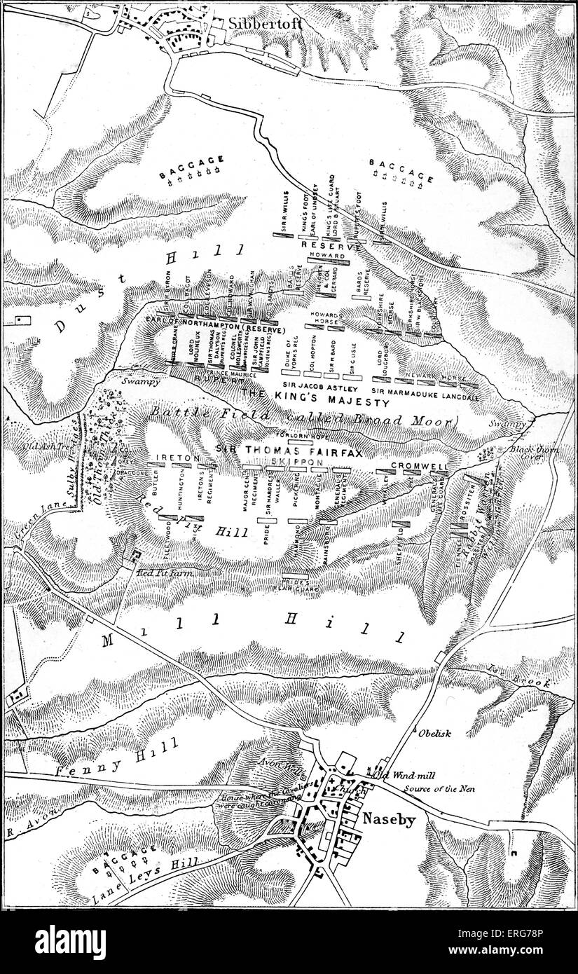 Battle of Naseby. The battle was the key confrontation of the English Civil War and took place on 14 June, 1645 at Naseby, Stock Photo