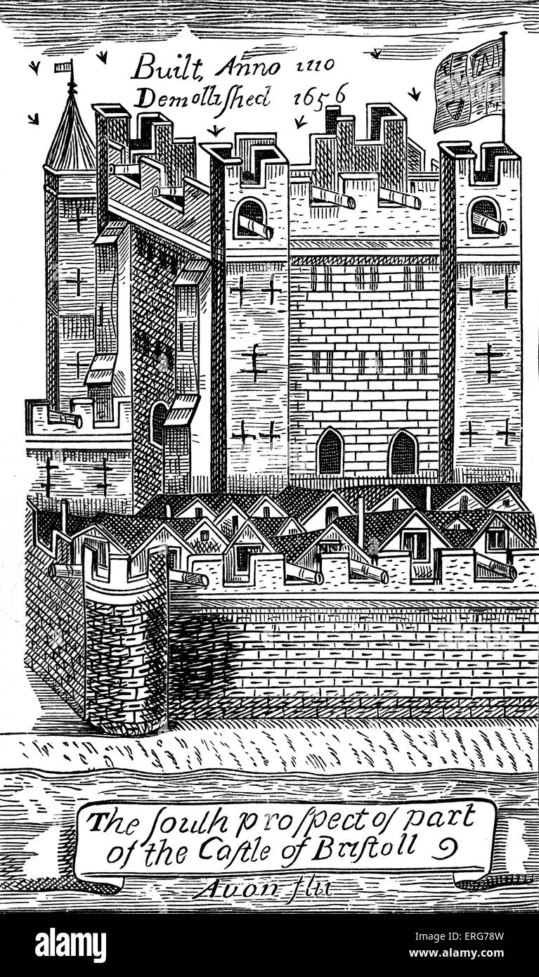 Bristol Castle, from a mid seventeenth century illustration. The bottom caption reads 'The south prospect of part of the Castle Stock Photo