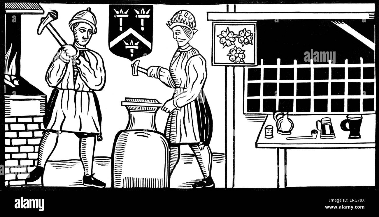 Blacksmiths, taken from a mid seventeenth century illustration for a ballad in the Roxburghe Collection. The Roxburghe Stock Photo