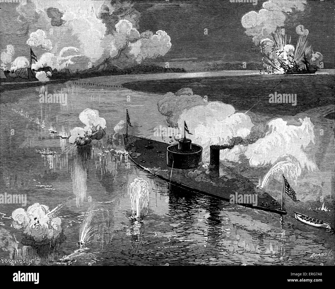 The monitor USS Montauk destroying the Confederate privateer CSS Nashville near Port McAllister on the Ogeechee River in Stock Photo