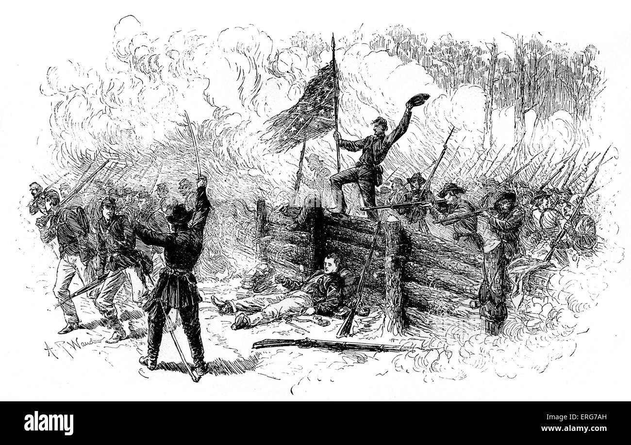 The Battle of the Wilderness, after a contemporary sketch. This scene depicts the capture of part of the burning Union Stock Photo
