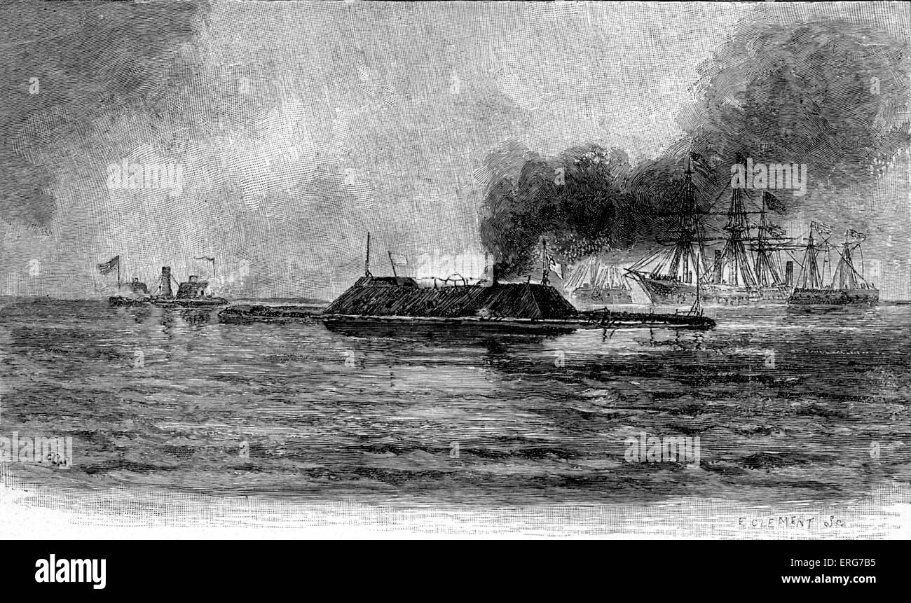 Surrender of CSS Tennessee at the Battle of Mobile Bay on 5 August, 1864, after a wartime sketch.  American Civil War. The Stock Photo