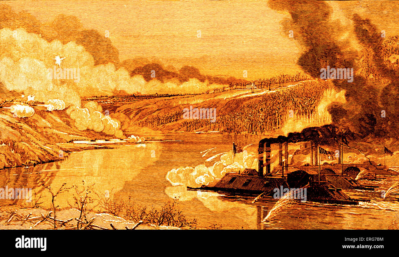 Gunboats at the Battle of Fort Donelson on 14 February 1862. American Civil War. The land battle is taking place in the Stock Photo