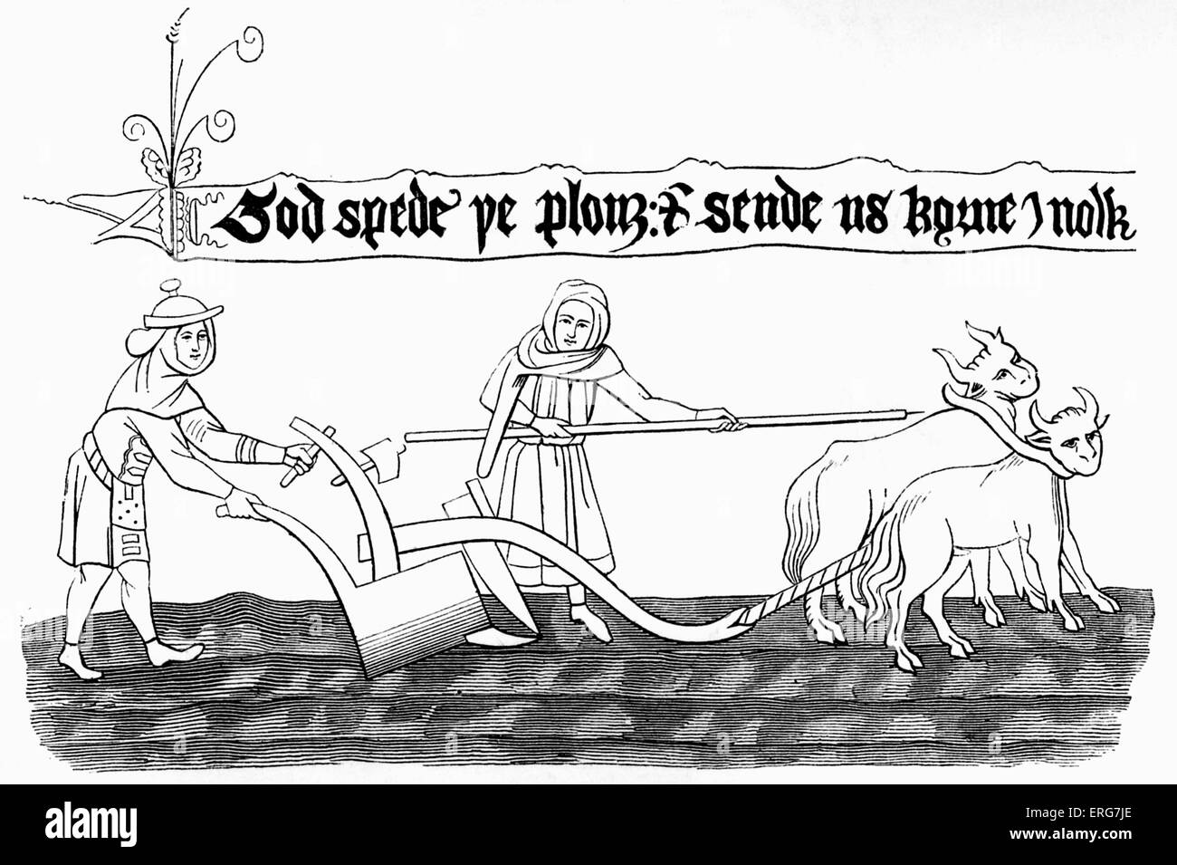 Medieval ploughmen ploughing with oxen. Facsimile of a miniature in an ancient Anglo-Saxon manuscript published by Shaw, legend Stock Photo