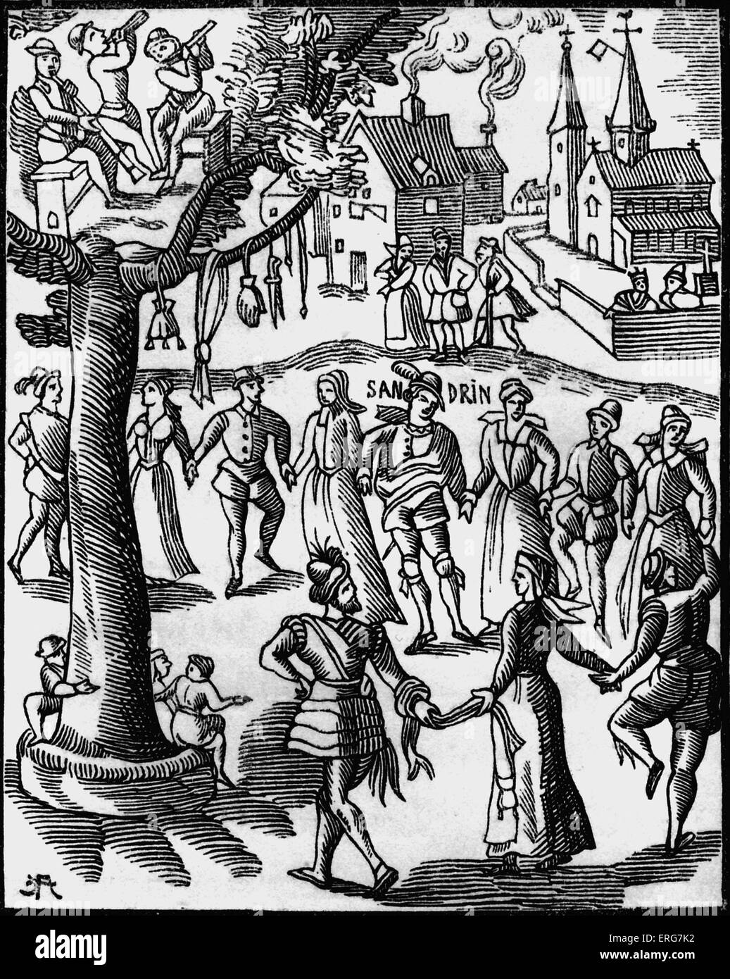 Village Feast, as depicted in the 16th century work 'Sandrin ou Verd Galant'. Events such as these were enjoyed by the French Stock Photo