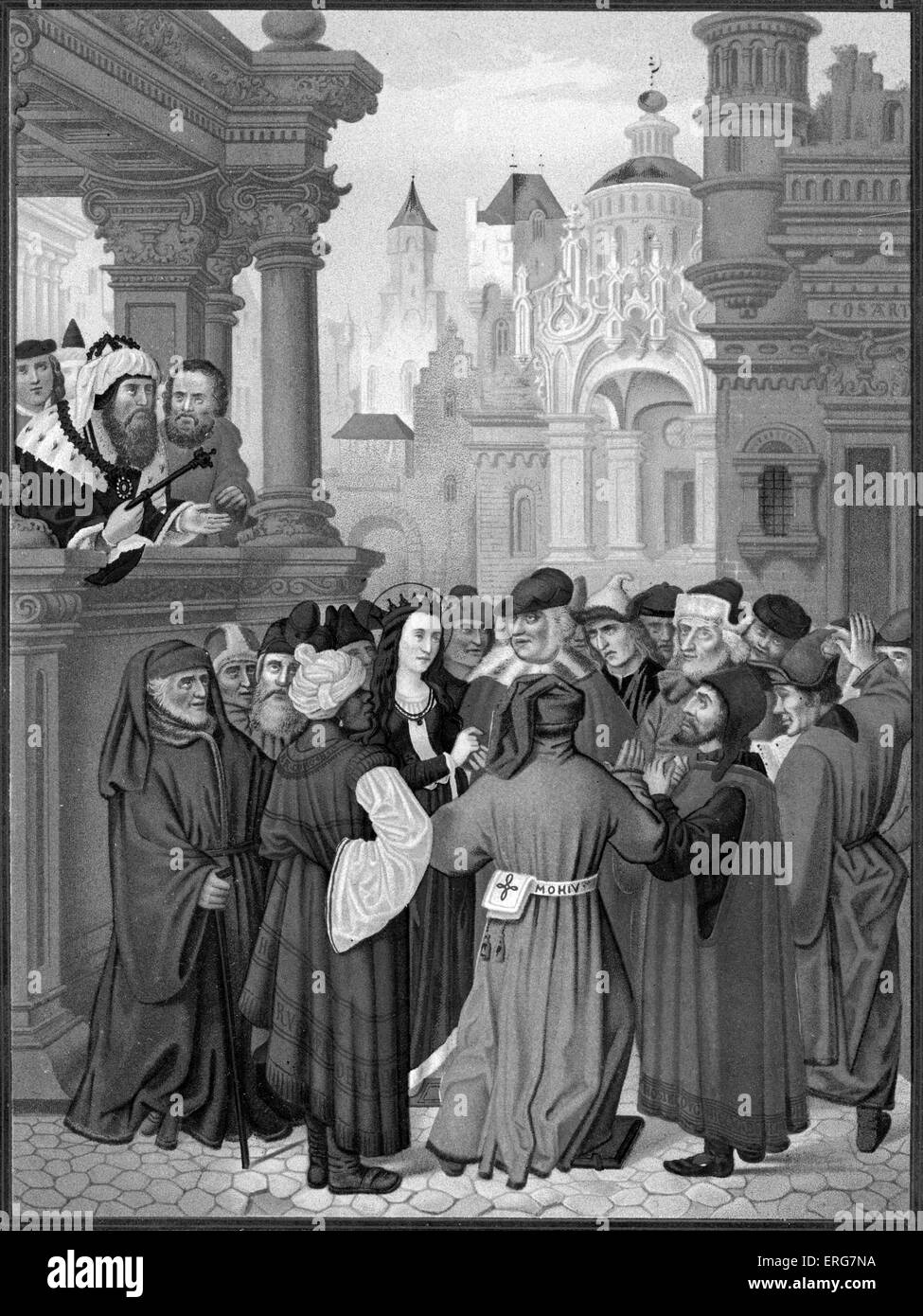 Saint Catherine surrounded by the doctors of Alexandria. St Catherine was born a pagan, but converted to Christianity and Stock Photo