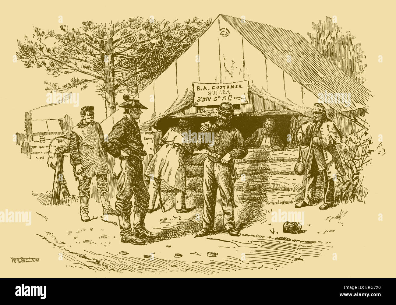 Sutler 's tent, American Civil War, 1861–1865. Sutlers (also known as victualers) sold provisions in military field. Stock Photo